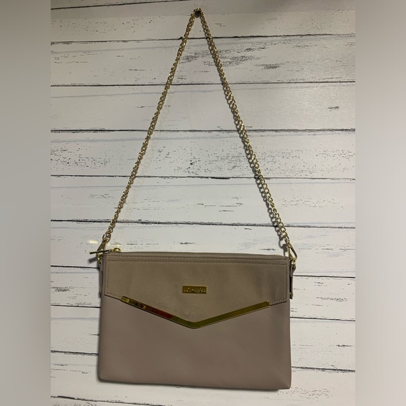 Joy & Iman Gray Leather Shoulder Bag Gold Tone Chain Strap 12”x 8”x 0.5” - Picture 2 of 13